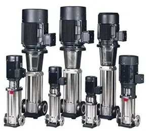 Six industrial pumps with black motors and silver housings arranged in a row.