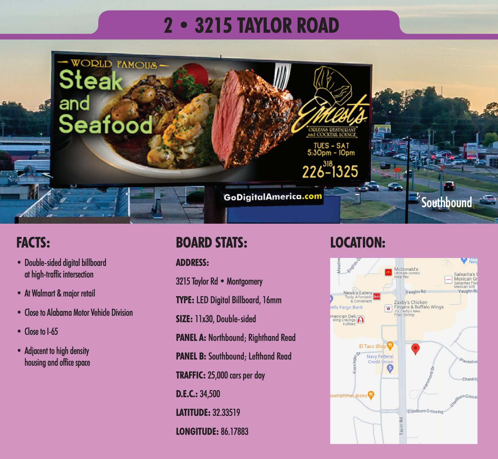 A billboard for steak and seafood on a taylor road