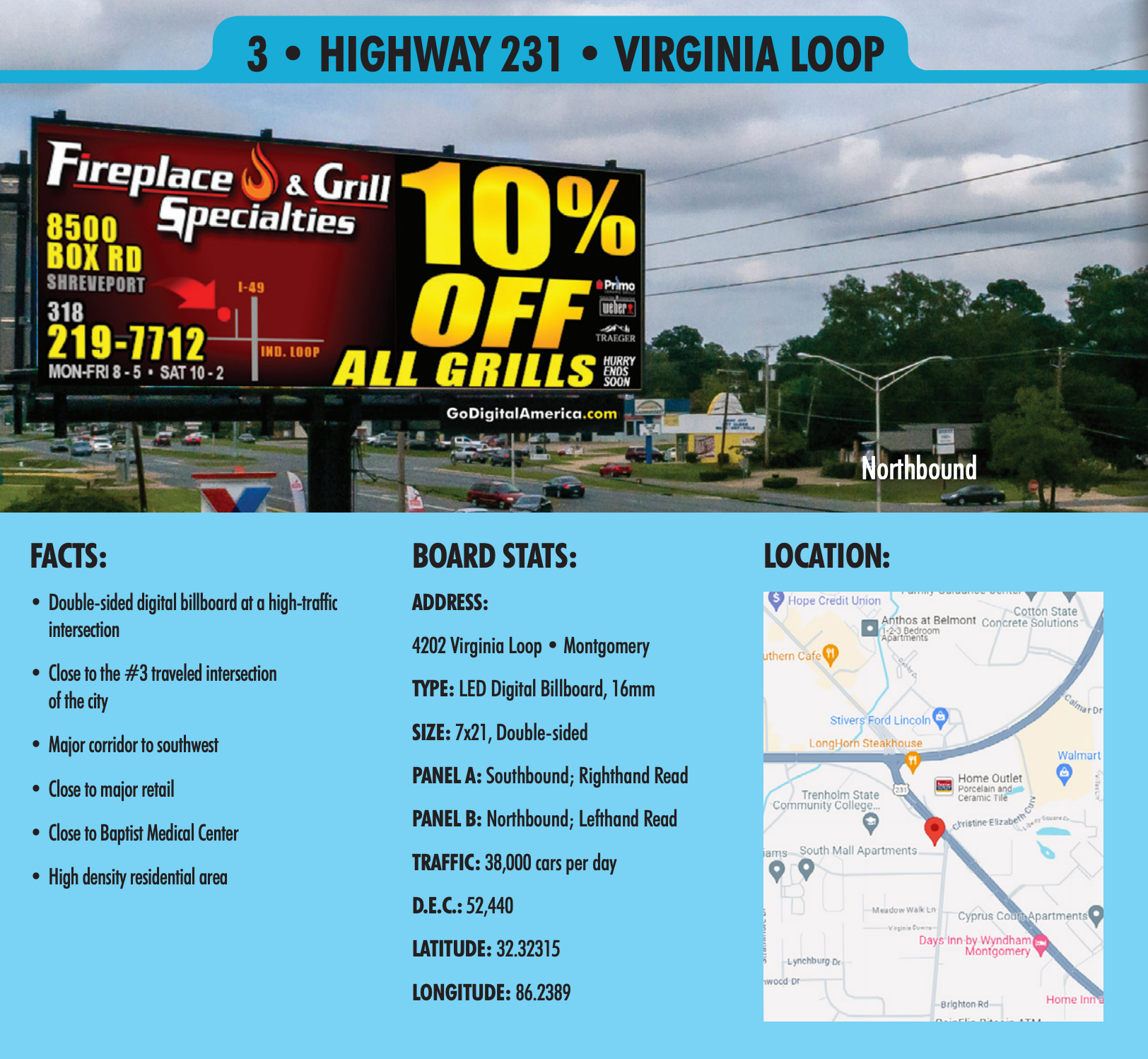 A billboard for fireplace and grill specialties on highway 231 in virginia loop
