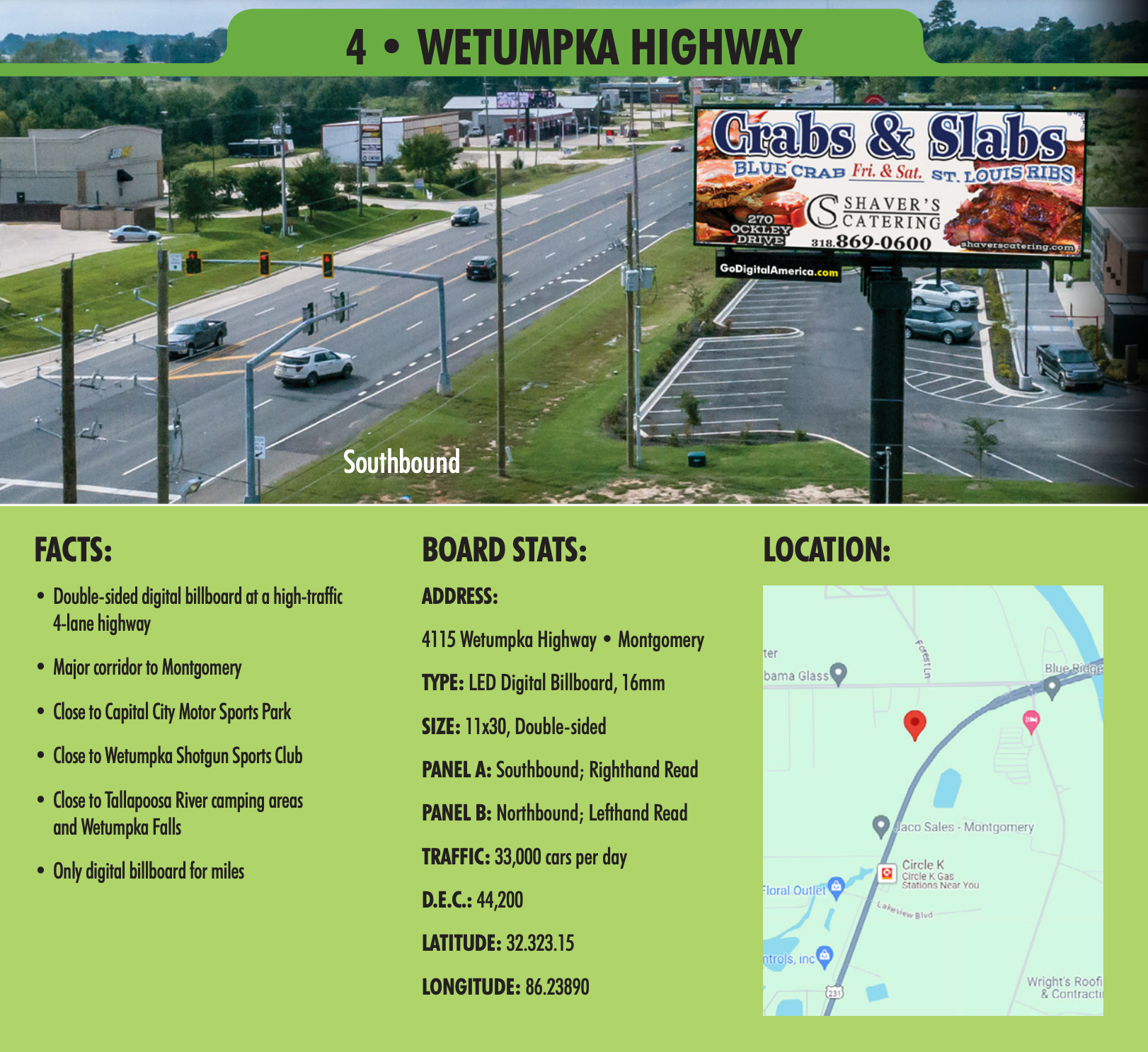 A billboard for crabs and slaws on wetumpka highway