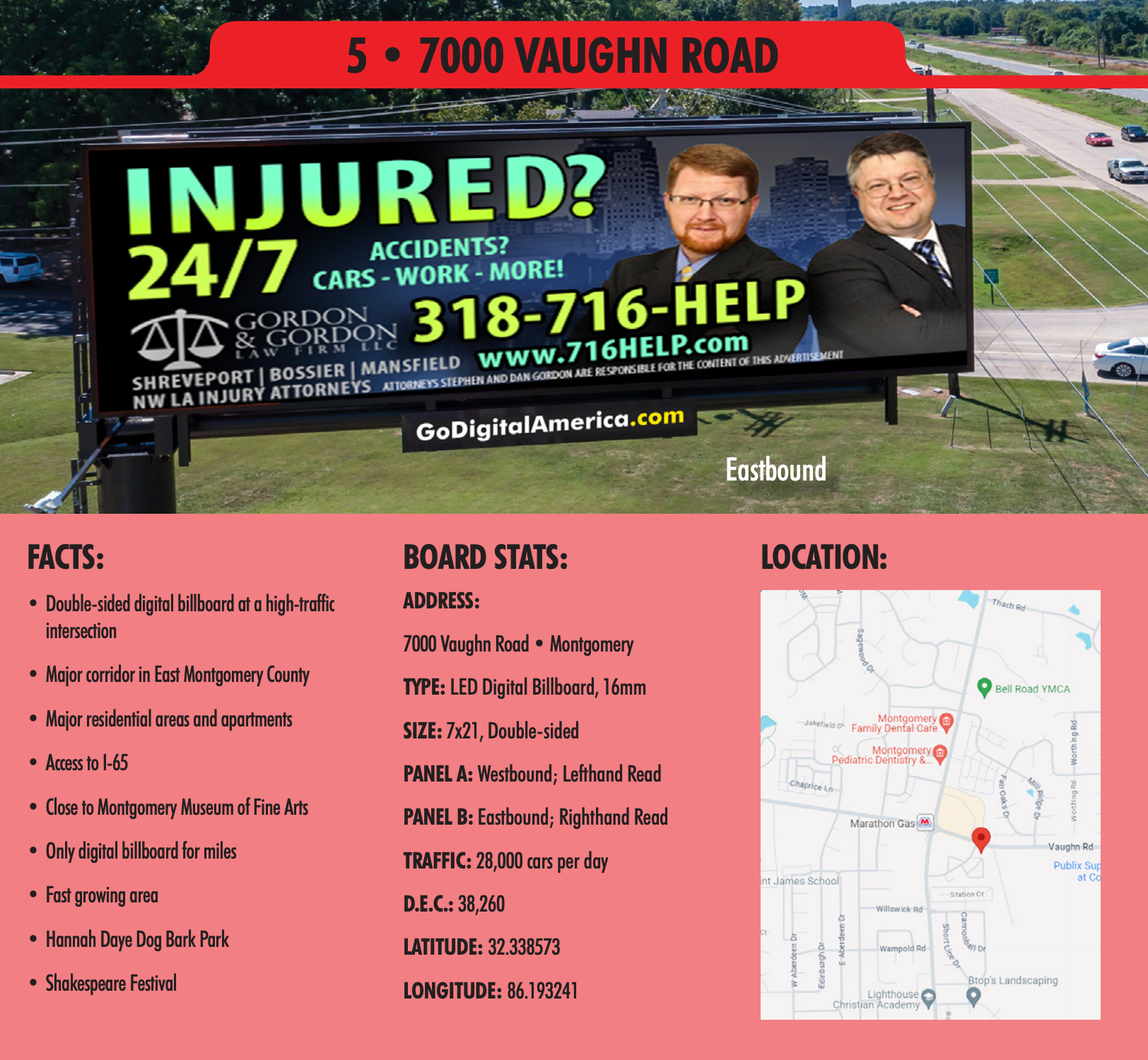 A billboard that says injured 24/7 on it
