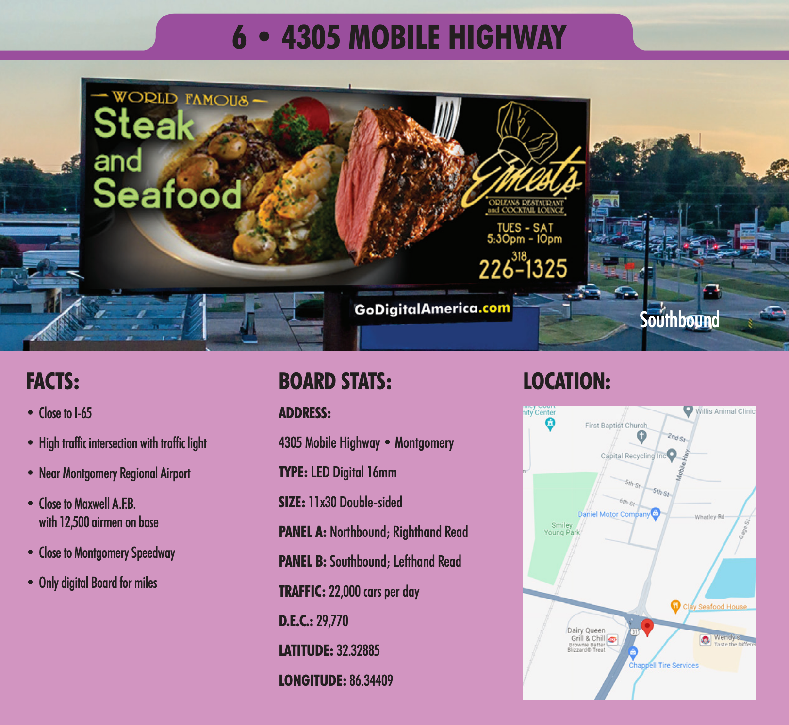A billboard on the side of a highway advertising steak and seafood