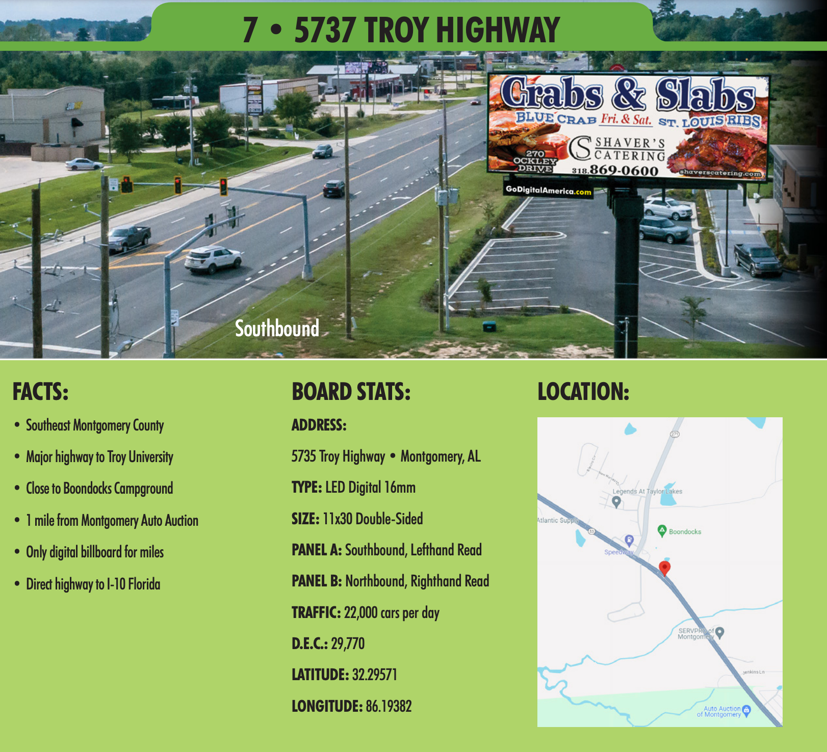 A billboard advertising crabs and slabs on troy highway