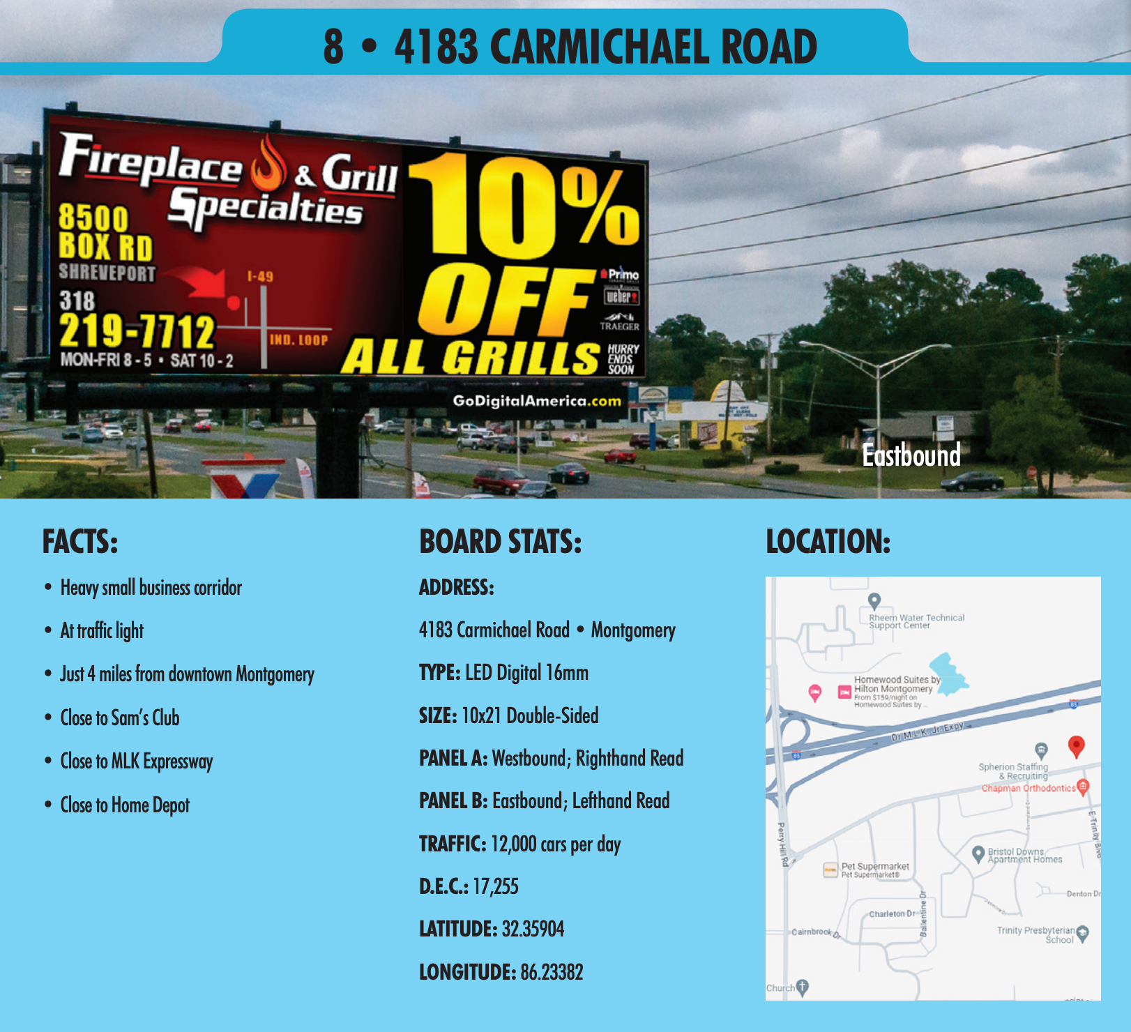A billboard for fireplace & grill specialties advertises 10 % off all grills
