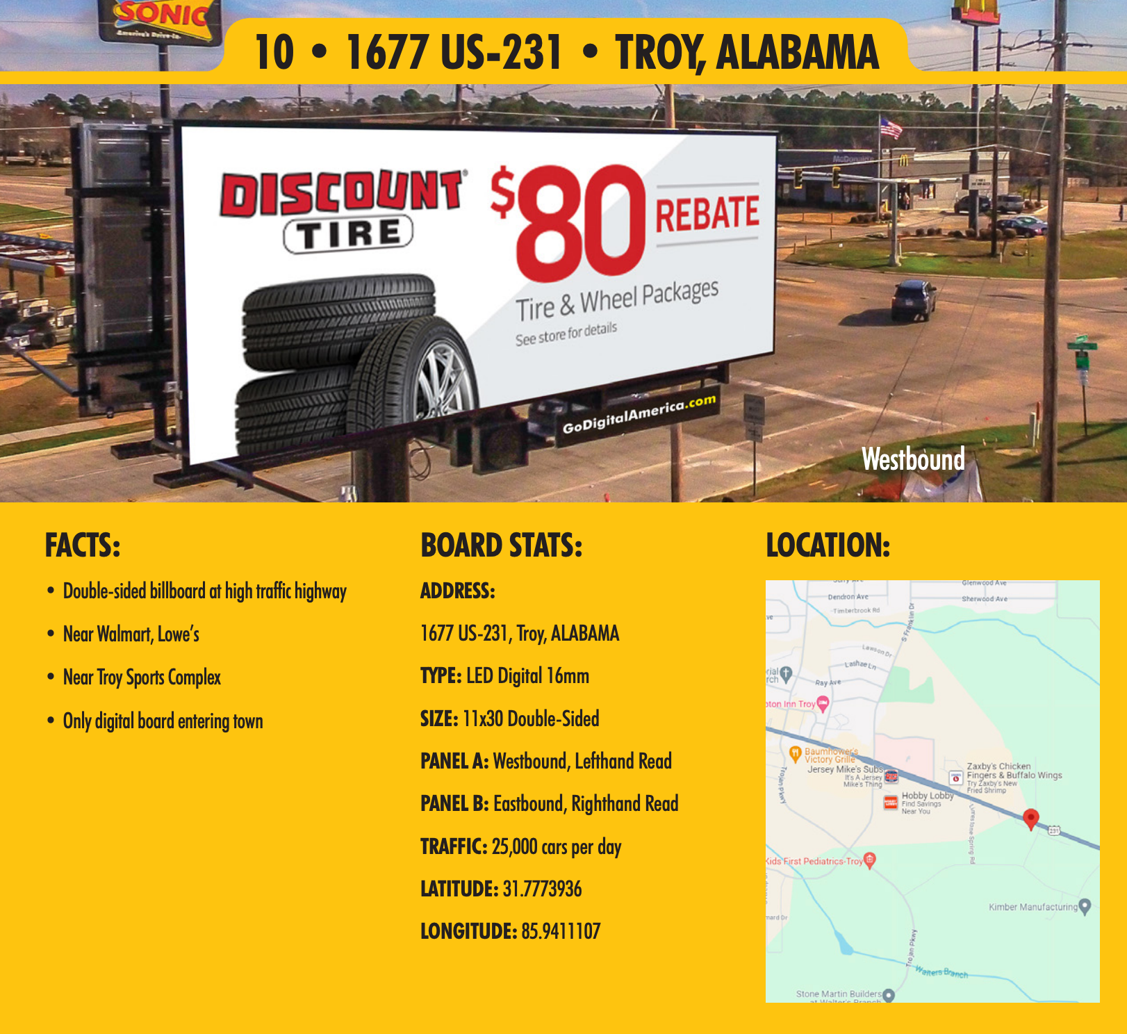 A billboard for discount tire in troy alabama