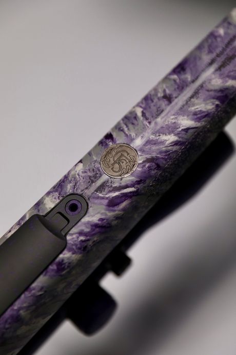 Purple and gray rifle stock with circular emblem. Black sights.