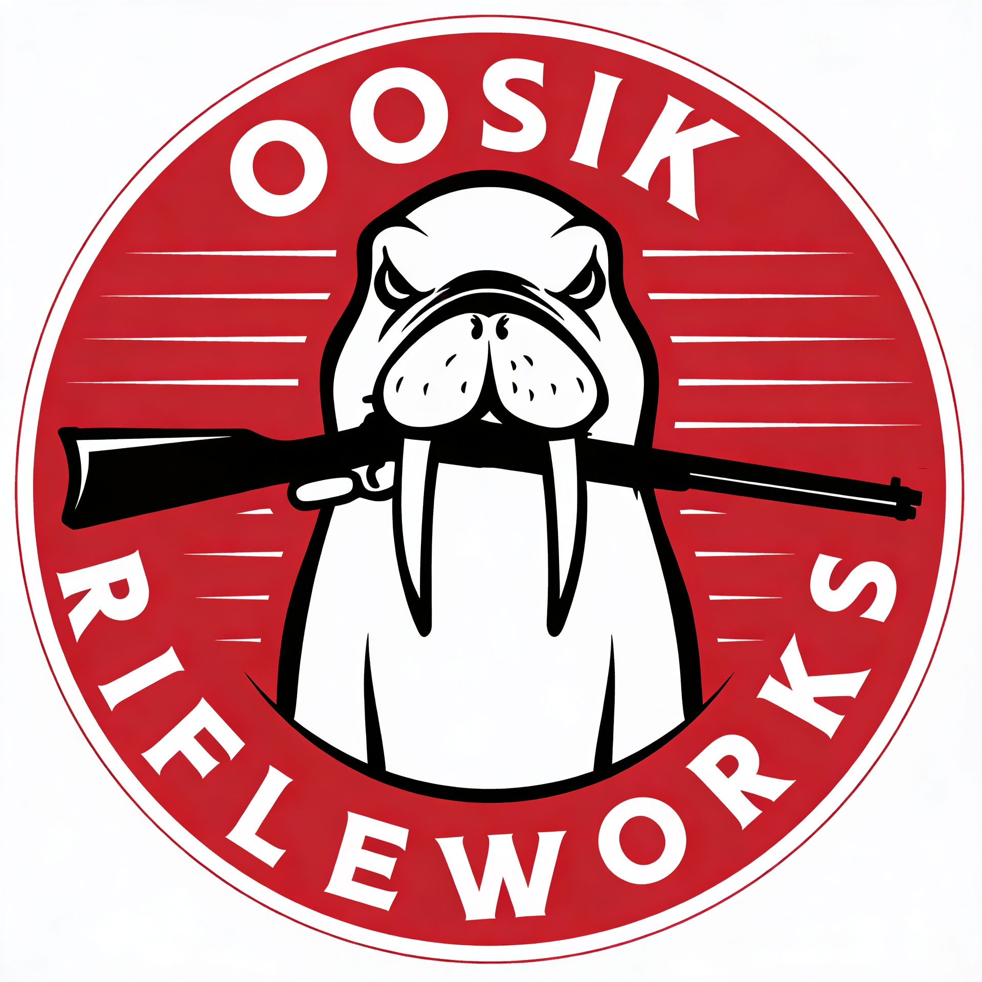 Logo: Angry walrus holding rifle in its mouth; red and white circle; "OOSIK RIFLEWORKS" text.