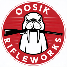 Logo: Angry walrus holding rifle in its mouth; red and white circle; "OOSIK RIFLEWORKS" text.