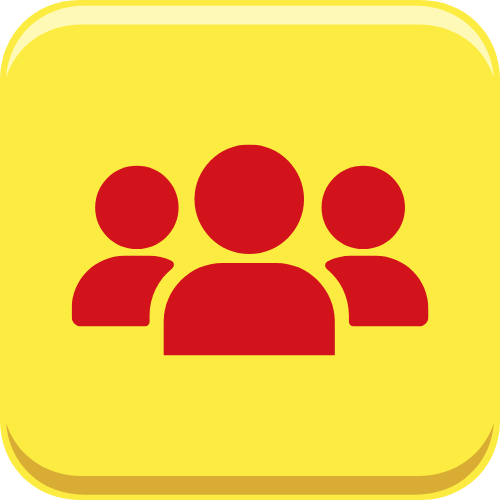 A yellow square button with three red people icons on it.