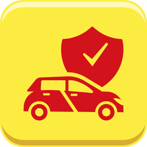 A red car is sitting under a red shield with a check mark on it.