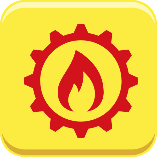 A yellow button with a red gear and a flame inside of it.