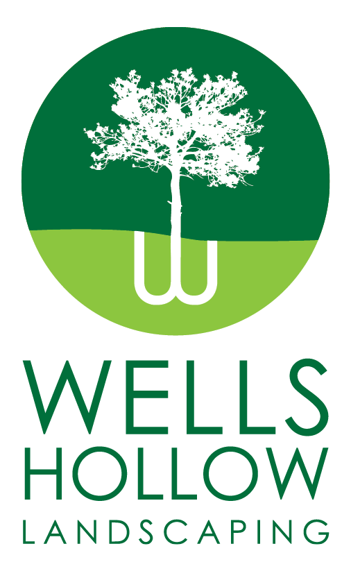 A logo for wells hollow landscaping with a tree in the middle