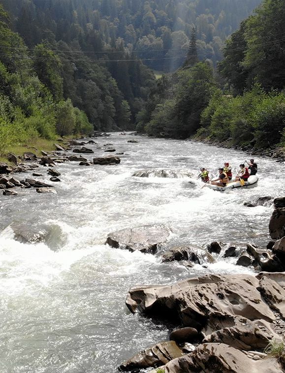 Rafters navigate rapids on a river in a wooded mountain landscape.