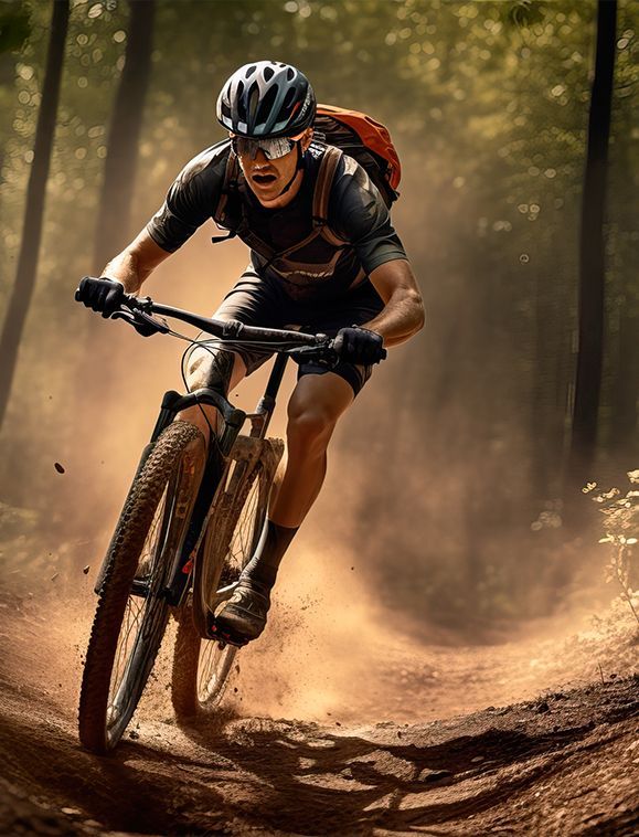 Mountain biker speeding down a dirt trail in a forest, kicking up dust.