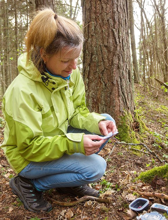 Woman crouches, looking at a small paper in her hands in a forest, wearing a green jacket.