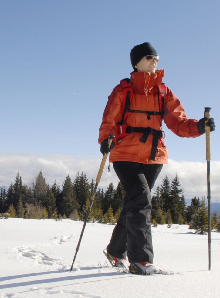 Person snowshoeing in a sunny, snowy landscape, wearing an orange jacket, black pants, and a hat, using trekking poles.