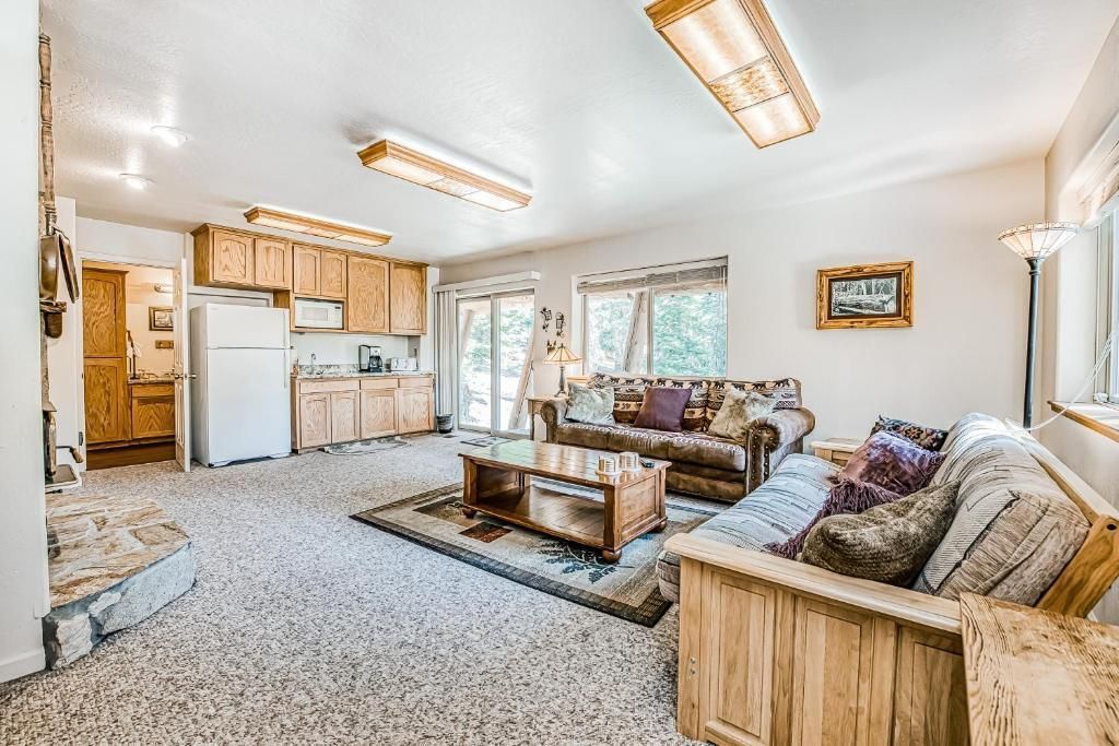 Bright living room with two sofas, coffee table, carpet, fireplace, and open kitchen in the background