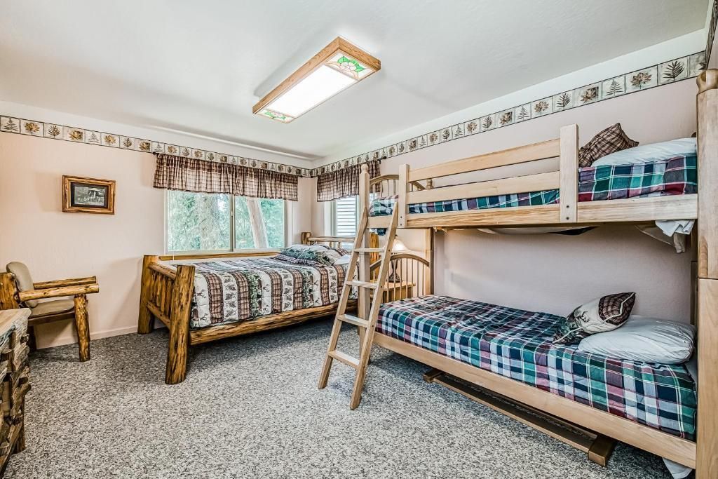 Dorm-style bedroom with bunk beds, ladder, and patterned curtains in a bright room