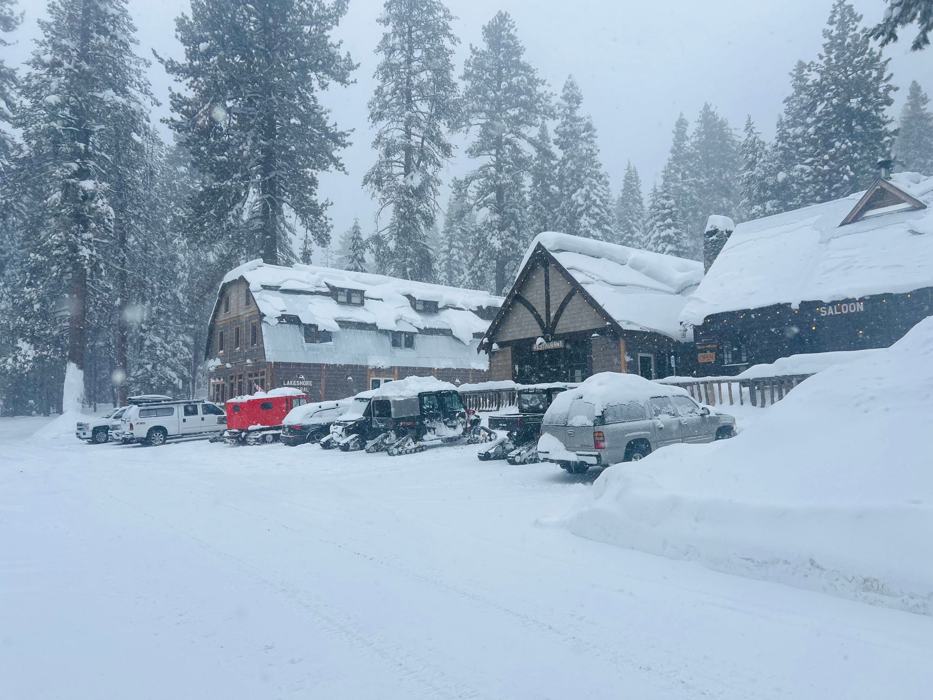 Snowy mountain lodge with pine trees, parked cars, and heavy snowfall.