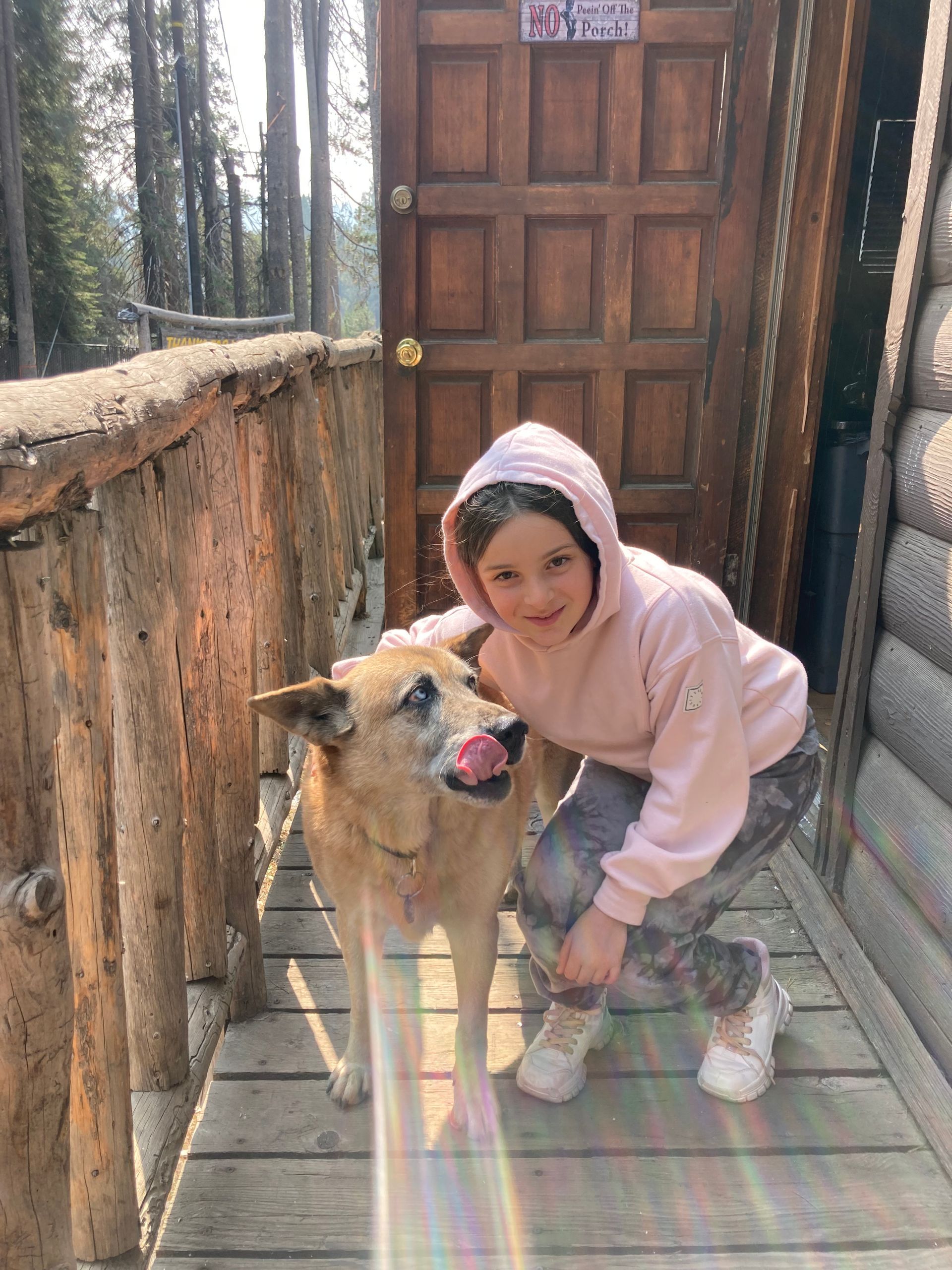 Girl in a pink hoodie crouches beside a dog on a wooden porch with a cabin door behind them.