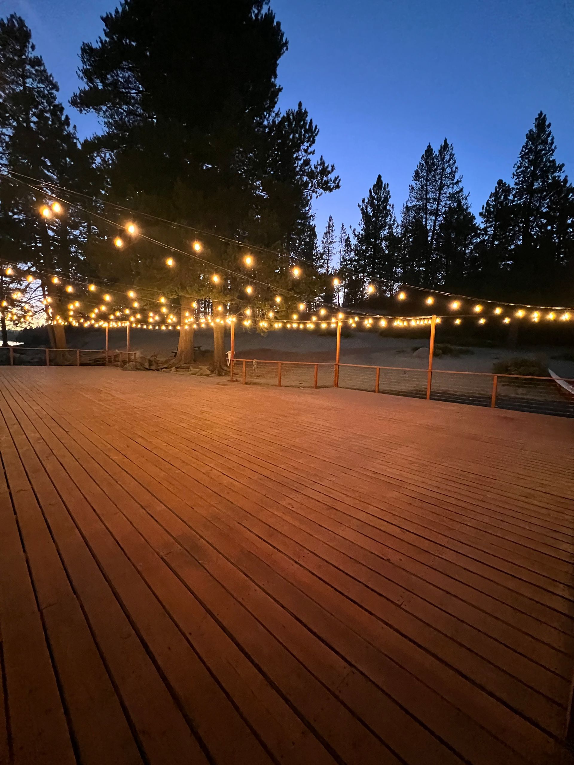 Empty wooden deck at dusk with string lights and tall trees in the background