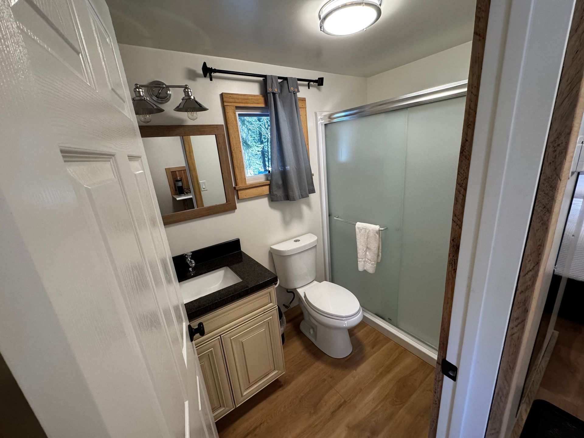 Small bathroom with toilet, vanity, window, and frosted glass shower door
