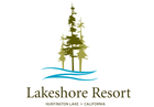 Lakeshore Resort logo: snow-covered landscape, lake, mountains, trees, sailboat, cabin. Wooden oval frame.