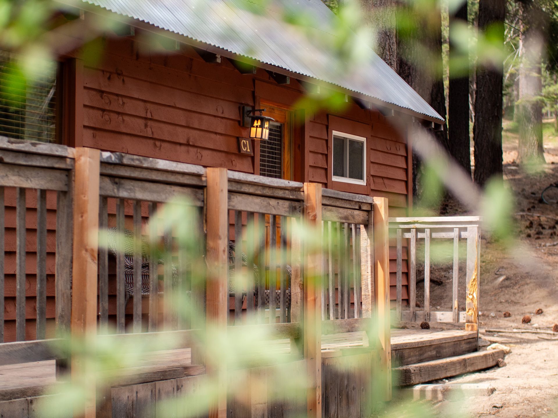 Wooden cabin with a small porch, framed by blurred green leaves in the foreground