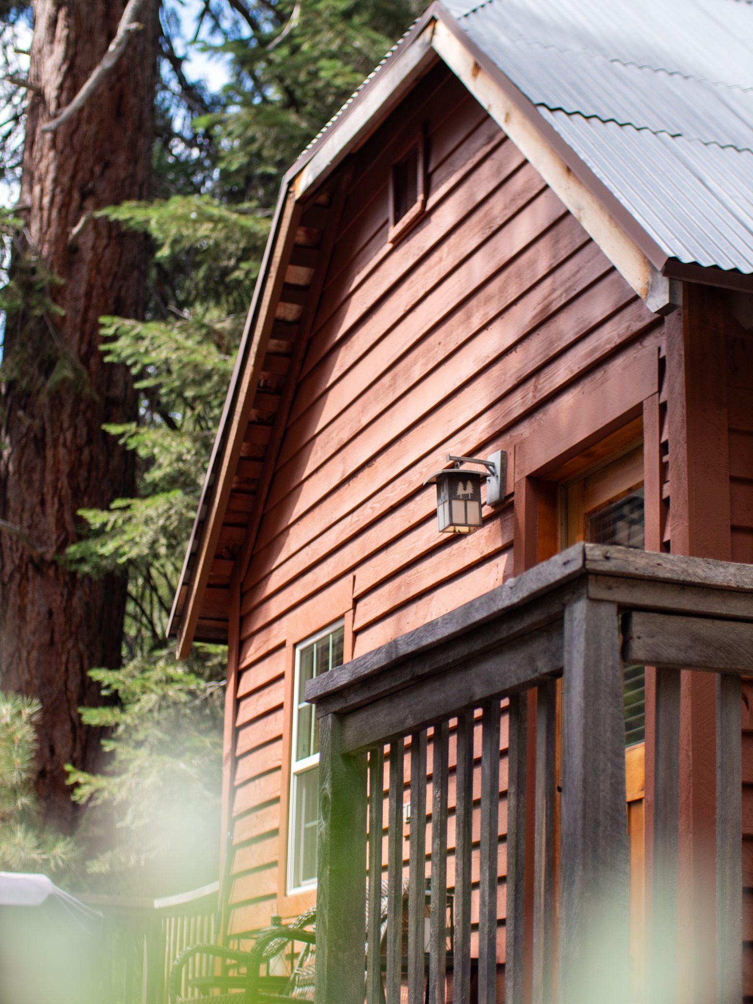 Rustic red wooden cabin with a small porch and lantern, surrounded by tall trees and mist