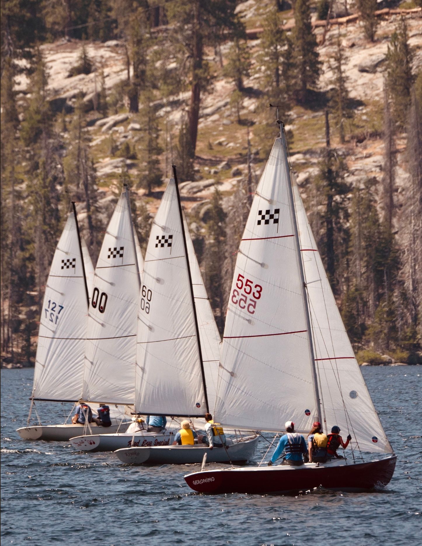 Four sailboats racing on a lake, with white sails against a wooded shoreline.