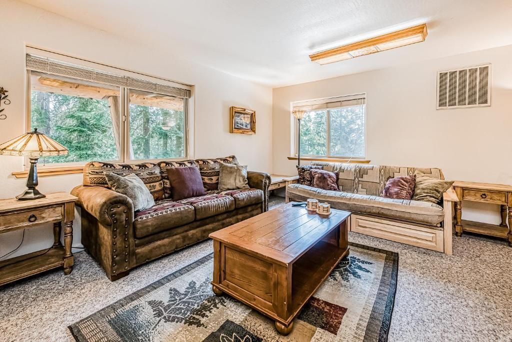 Bright living room with patterned sofas, wooden coffee table, and large windows letting in natural light