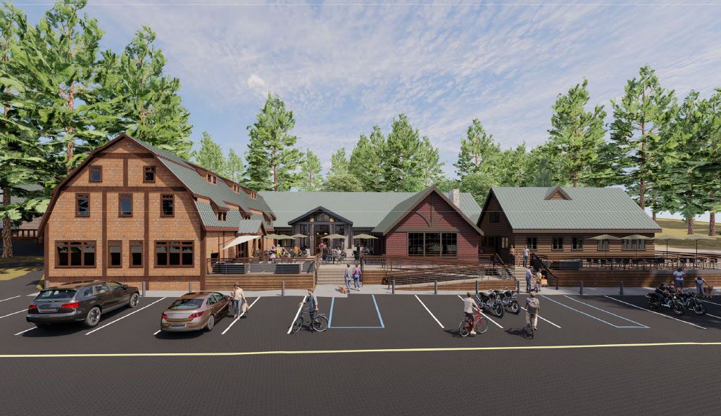 Rendering of a restaurant with outdoor seating, parking, and a forest backdrop. Buildings are brown and gray.