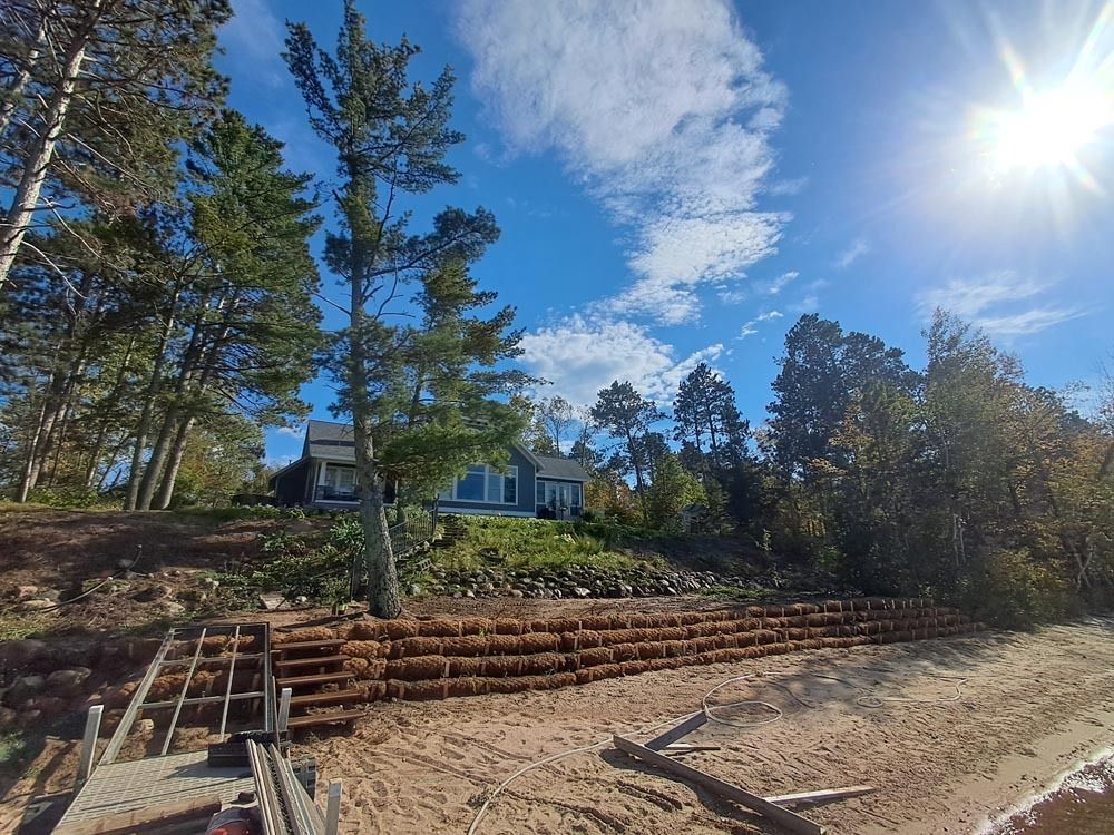 Blue house on a wooded hillside with stacked logs, dirt path, and bright sun in a clear sky