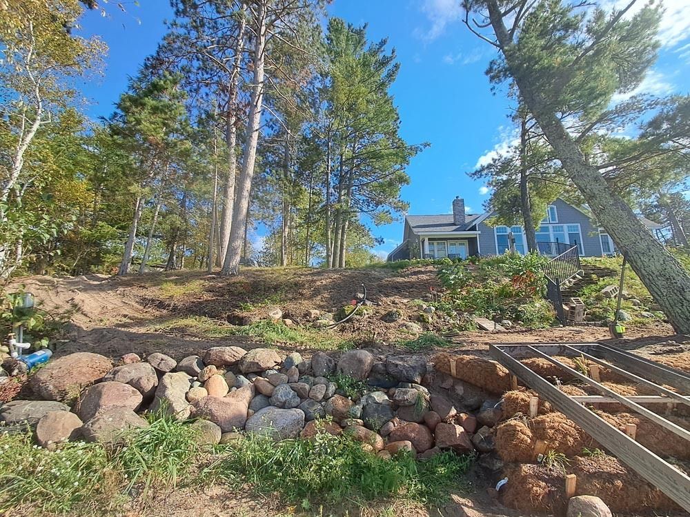 Rocky hillside with tall pine trees and a blue house under a bright sky