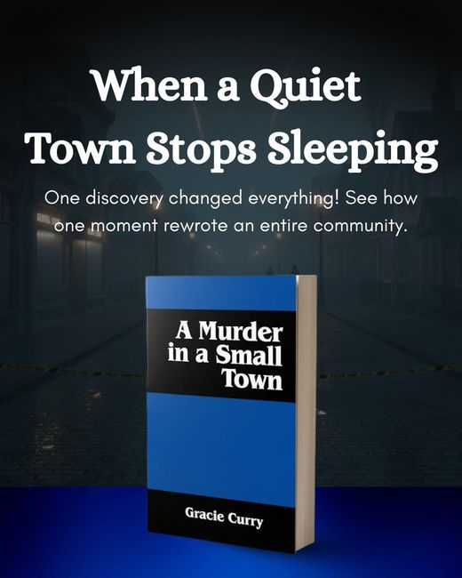 Cover reading “When a Quiet Town Stops Sleeping” with a blue-and-black copy of “A Murder in a Small Town” by Gracie Curry.