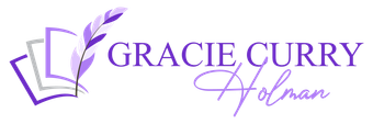 Purple “Gracie Curry Holman” logo with a stylized feather and books icon