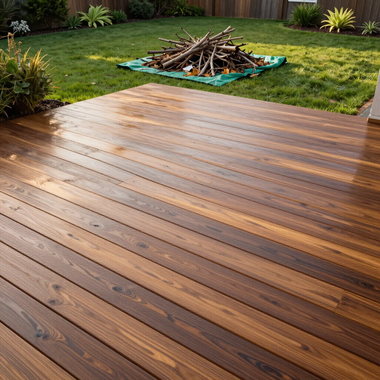 Wooden backyard deck beside a grassy lawn with a fire pit and stacked firewood.