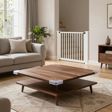 Modern living room with a low wooden coffee table, beige sofa, plant, and white baby gate by the hallway.