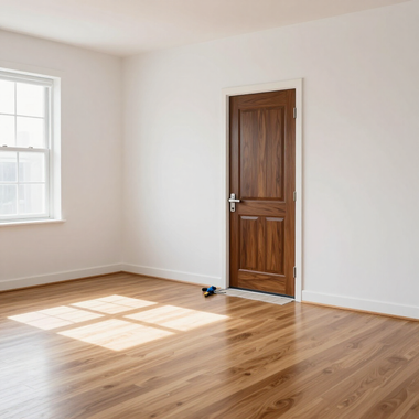 Empty sunlit room with hardwood floors, a window, and a closed wooden door