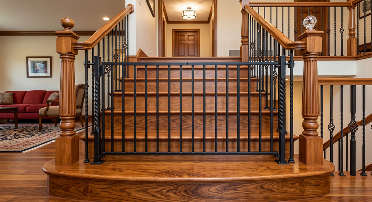Grand foyer with a dark wood staircase and black wrought-iron railing, leading to a hallway.