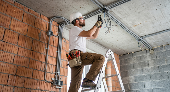 Worker drilling into a concrete ceiling while standing on a ladder in an unfinished room