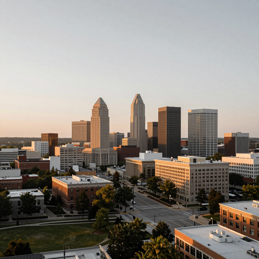 Downtown skyline at sunset with tall office buildings and a grid of city streets