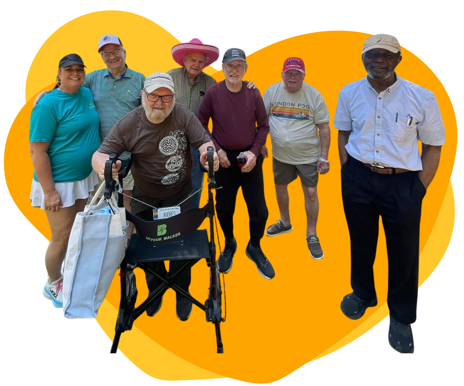 Group of seven people standing together, one using a walker, on a bright orange background