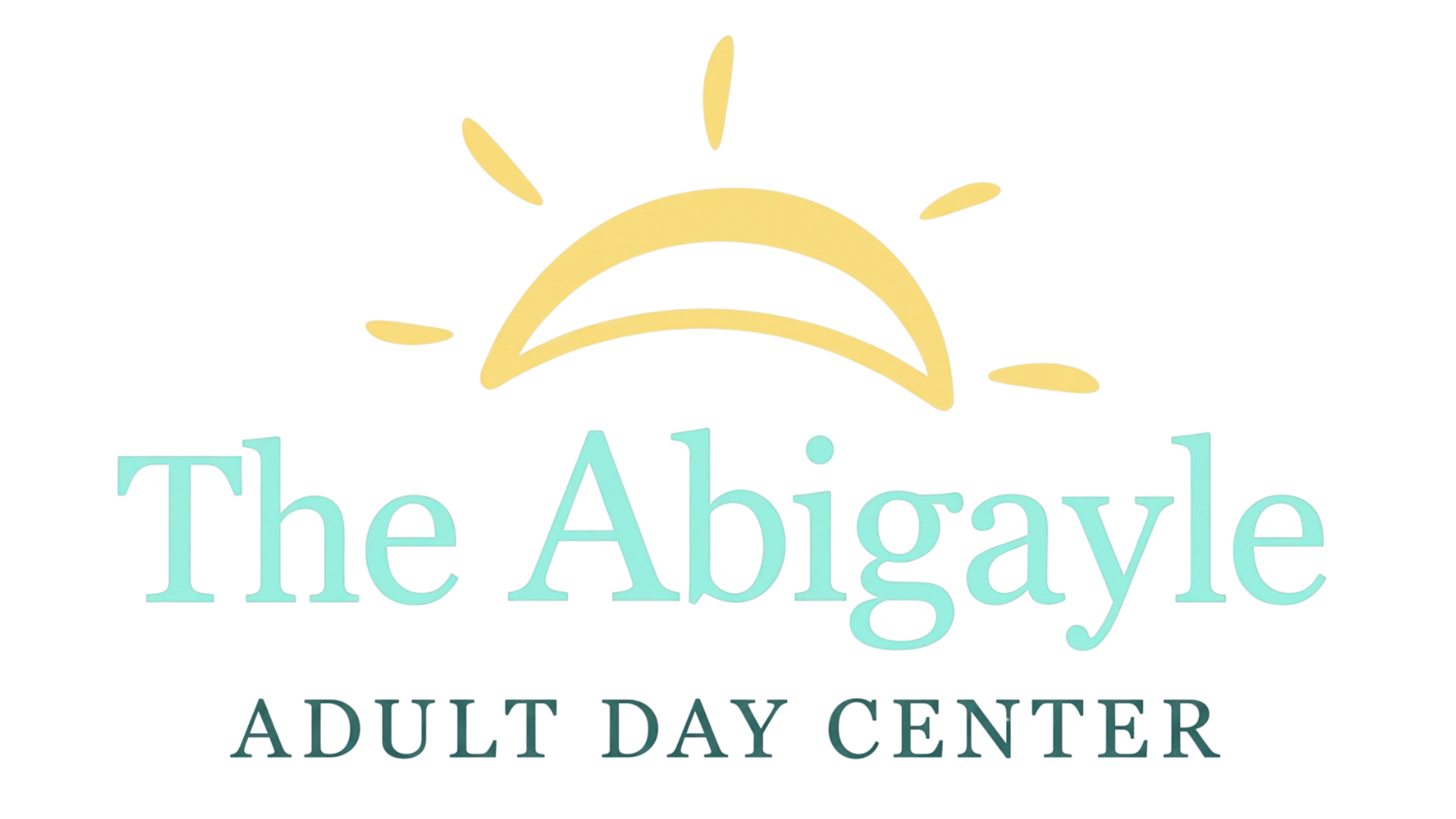 Logo for The Abigayle Adult Day Center, with a yellow sun and teal text on a white background