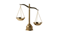 Gold balance scale on a white background, with one pan lower than the other.