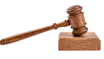 Wooden judge’s gavel resting on a matching block, isolated on a white background
