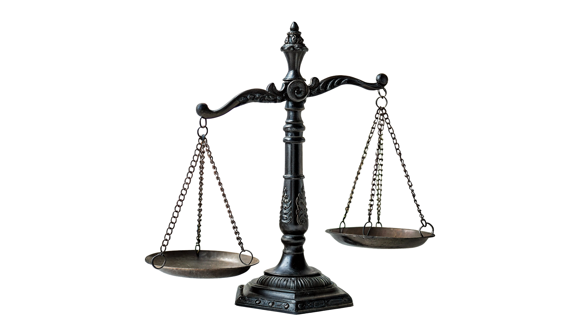 Black scales of justice with two hanging pans on a stand against a white background Black scales of justice with two hanging pans on a stand against a white background