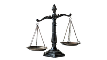 Black scales of justice with two hanging pans on a stand against a white background