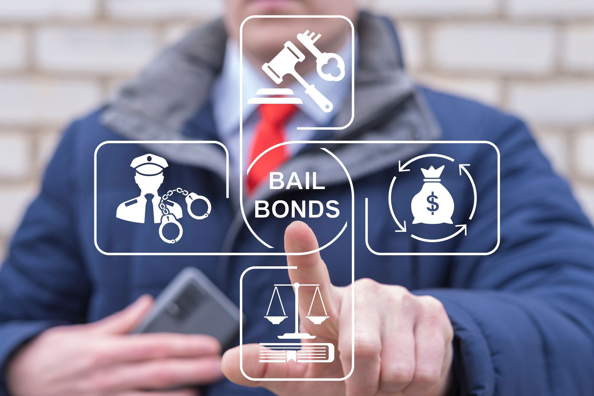 Person using a smartphone with Bail Bonds icons and a red gavel overlay, suggesting legal services.