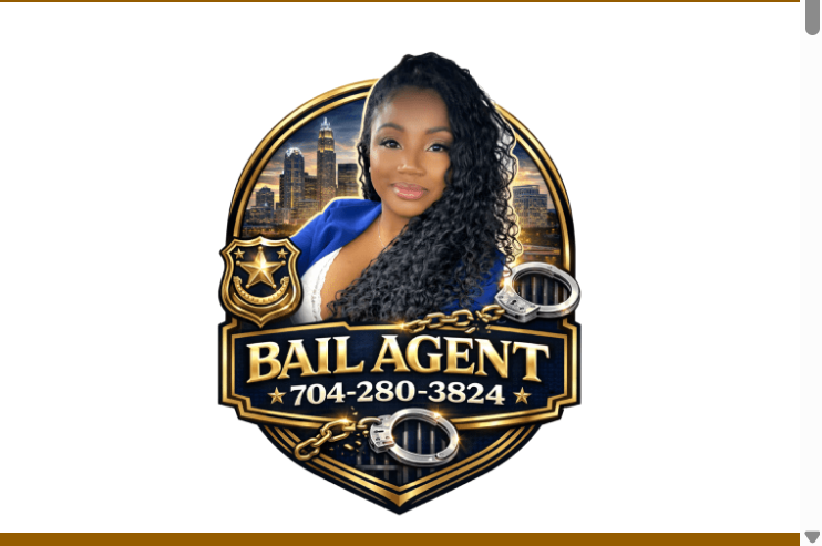 Bail agent logo with woman portrait, courthouse background, gold emblem, and phone number 704-280-3824 Bail agent logo with woman portrait, courthouse background, gold emblem, and phone number 704-280-3824